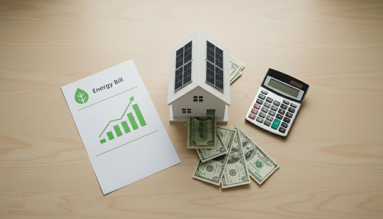Home energy cost comparison concept with model house, calculator, and dollar bills on a wooden desk